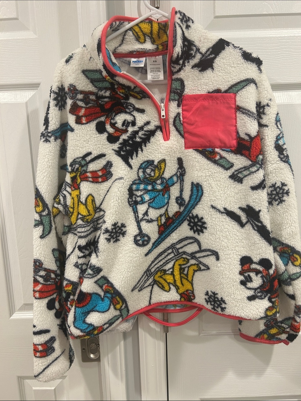 Disney White Sherpa Pullover Hoodie with Multicolor Ski Character Print